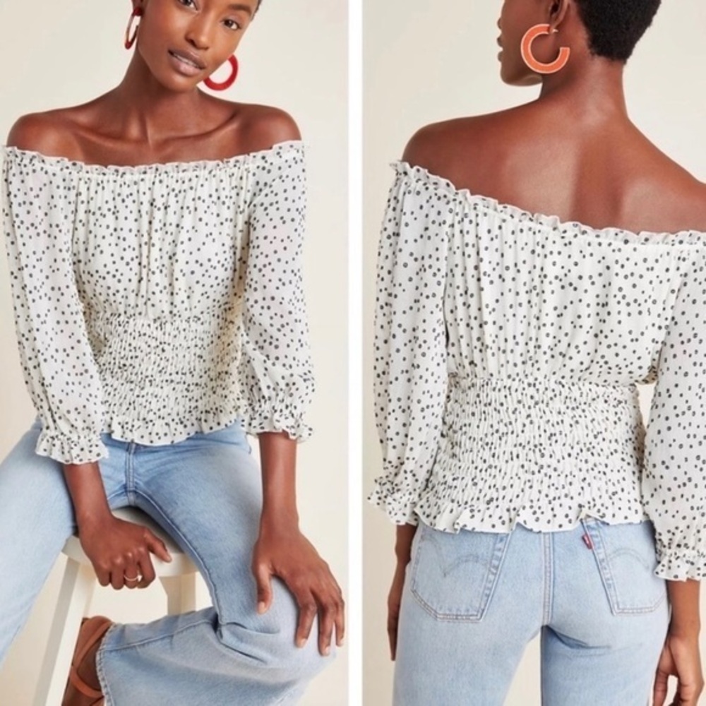 Anthropologie Off Shoulder Lucia Blouse Smocked Polka Dot Black White Small‎
